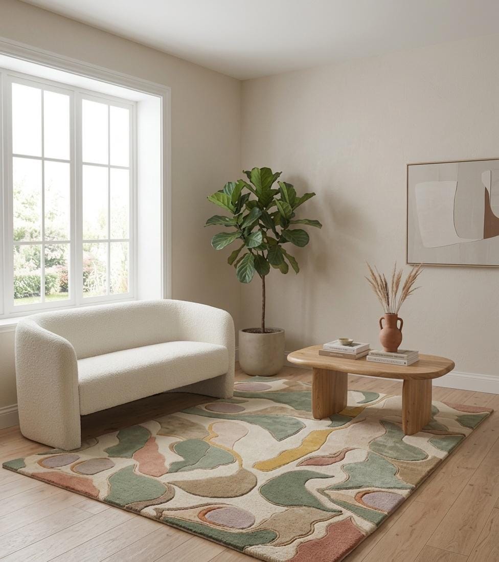 Hand-Tufted Abstract Wool Rug, Sage Green Terracotta Organic Shapes, Sculpted Pile Carpet – view 6