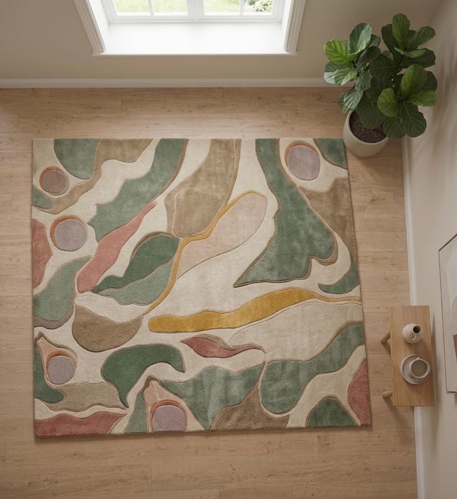 Hand-Tufted Abstract Wool Rug, Sage Green Terracotta Organic Shapes, Sculpted Pile Carpet – view 7