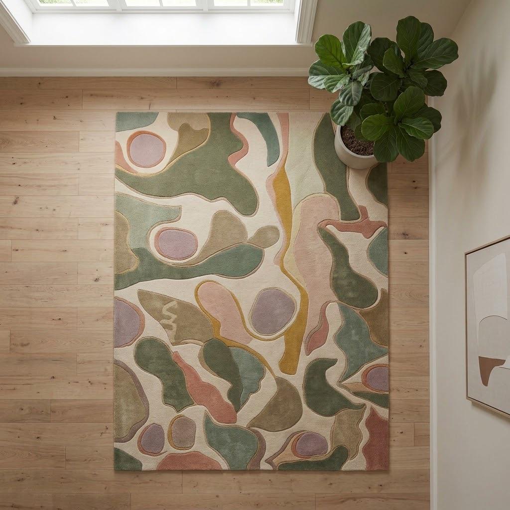 Hand-Tufted Abstract Wool Rug, Sage Green Terracotta Organic Shapes, Sculpted Pile Carpet – view 8