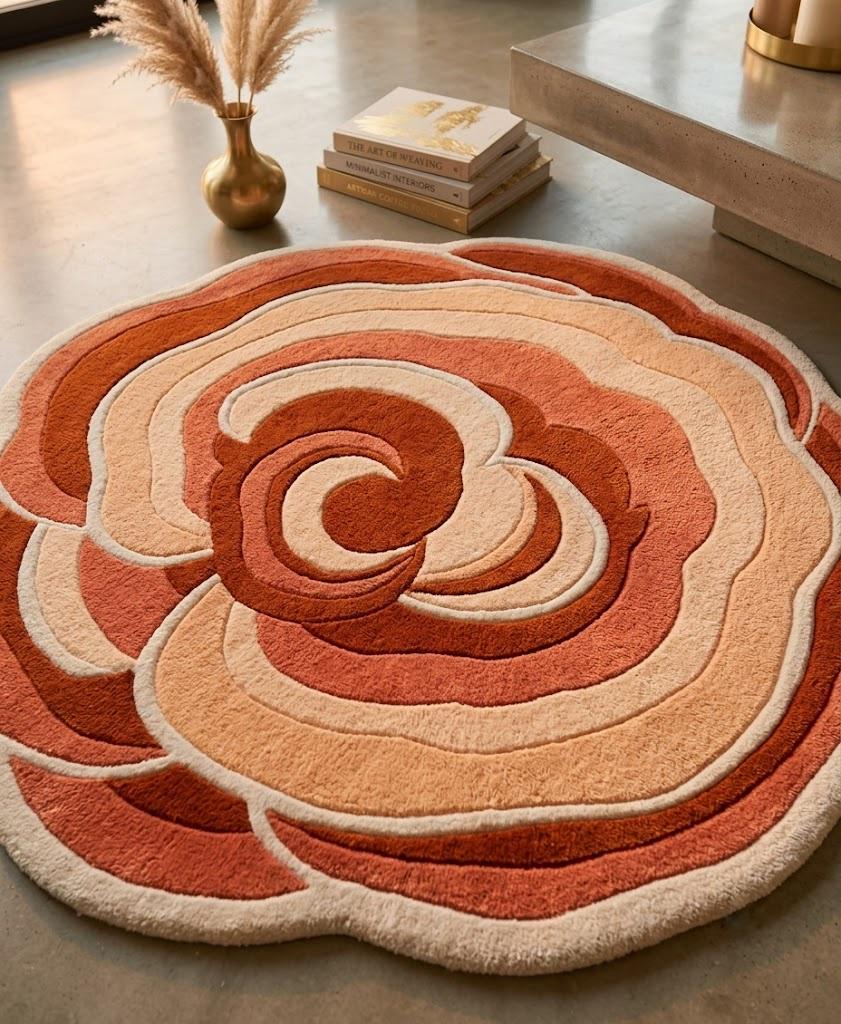 Hand-Tufted Rose Shaped Area Rug, Sculpted Floral Carpet, Terracotta Peach Rust – view 1