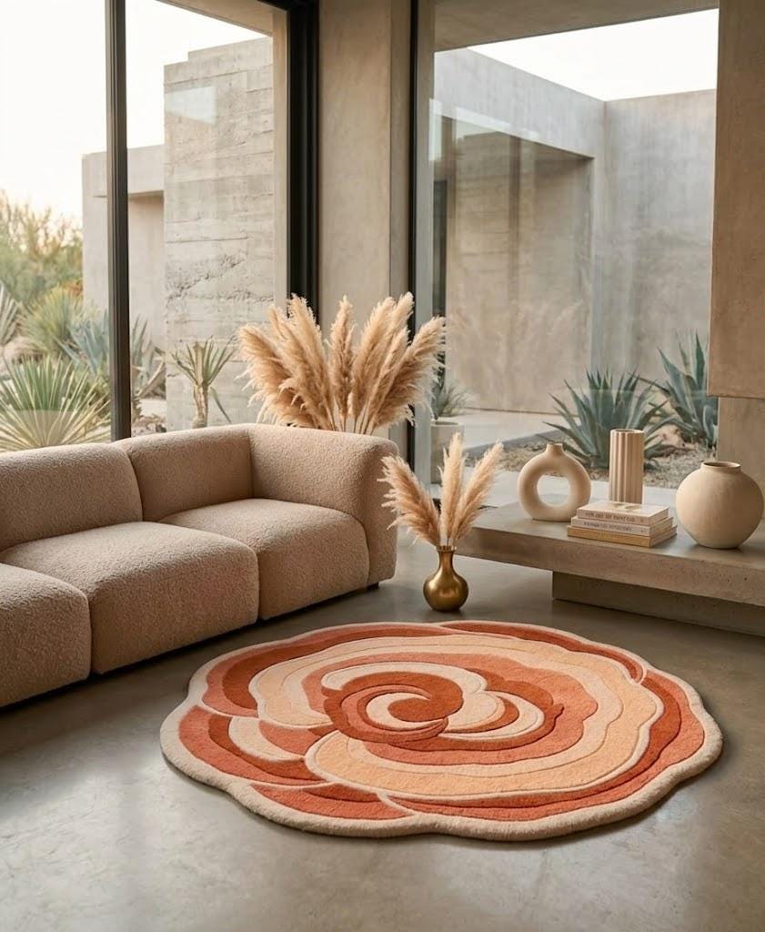 Hand-Tufted Rose Shaped Area Rug, Sculpted Floral Carpet, Terracotta Peach Rust – view 2