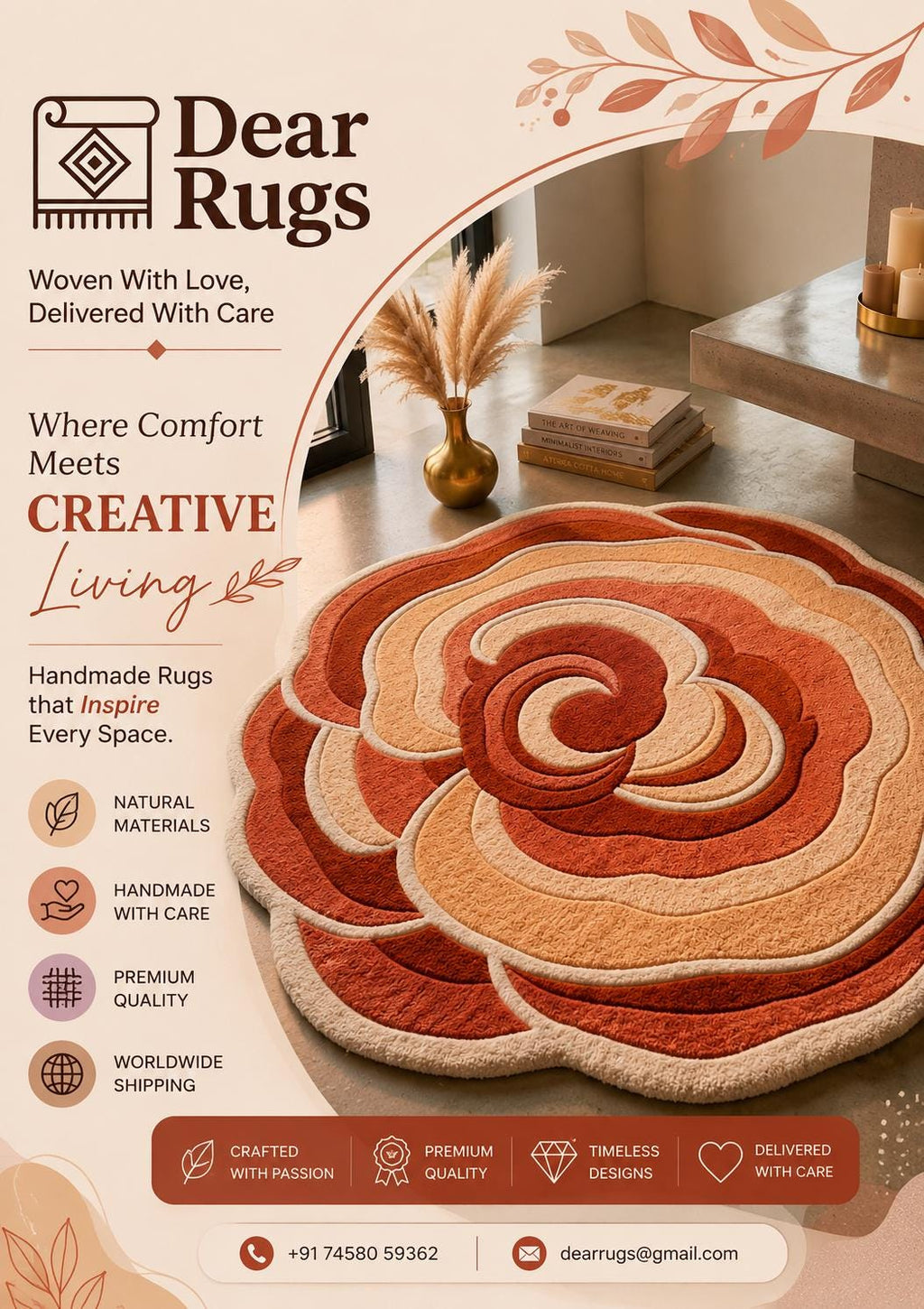 Hand-Tufted Rose Shaped Area Rug, Sculpted Floral Carpet, Terracotta Peach Rust – view 6
