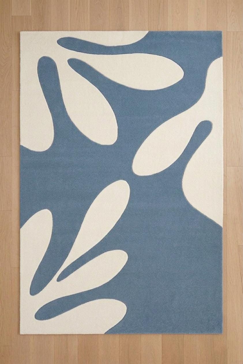 Hand-Tufted Abstract Botanical Wool Rug, Slate Blue Cream Cutout Design – view 2