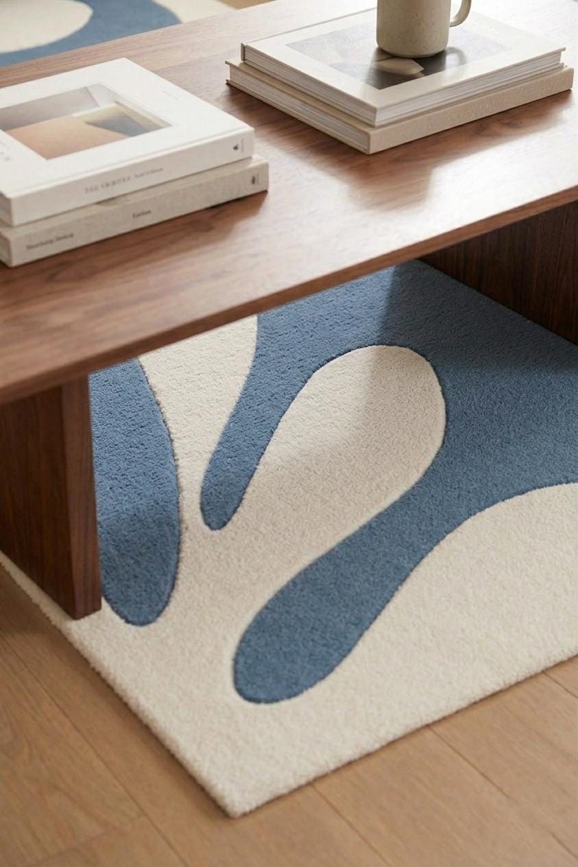 Hand-Tufted Abstract Botanical Wool Rug, Slate Blue Cream Cutout Design – view 3