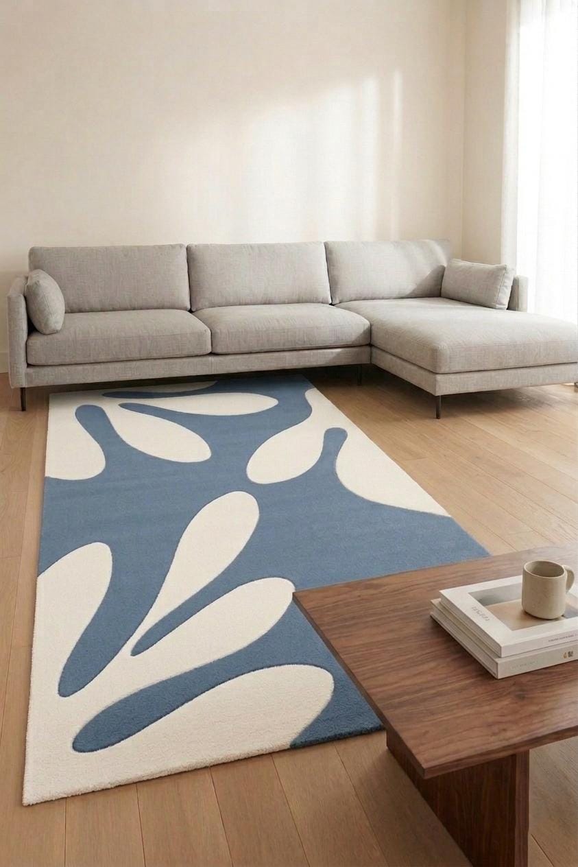 Hand-Tufted Abstract Botanical Wool Rug, Slate Blue Cream Cutout Design – view 4