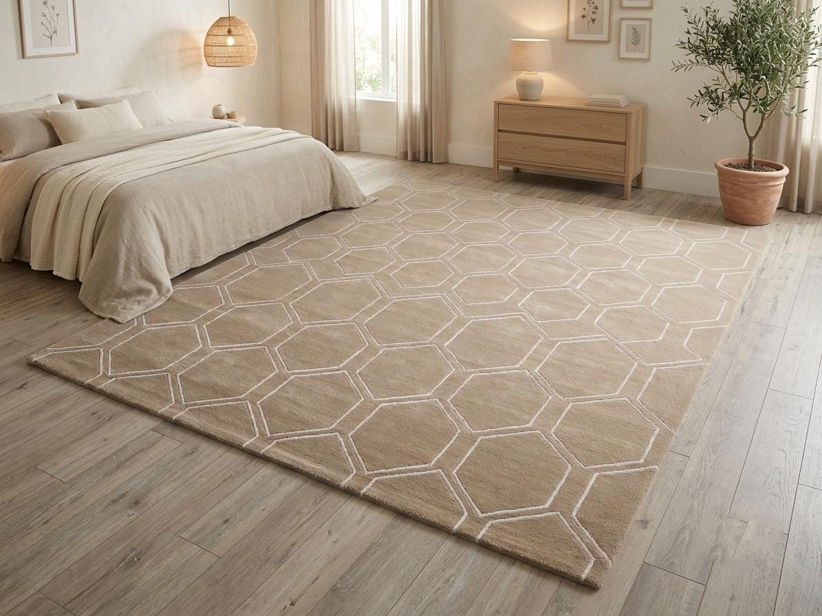 Hand-Tufted Wool Hexagon Rug, Neutral Beige Honeycomb Carpet, Sculpted Living Room Bedroom – view 1