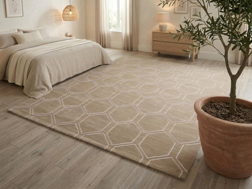 Hand-Tufted Wool Hexagon Rug, Neutral Beige Honeycomb Carpet, Sculpted Living Room Bedroom – view 2