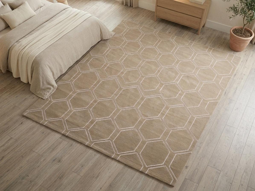 Hand-Tufted Wool Hexagon Rug, Neutral Beige Honeycomb Carpet, Sculpted Living Room Bedroom – view 3