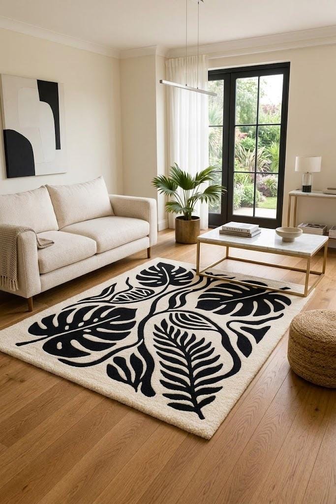 Hand Tufted Wool Rug, Modern Botanical Monstera Leaf Design, Black White Area Carpet – view 1