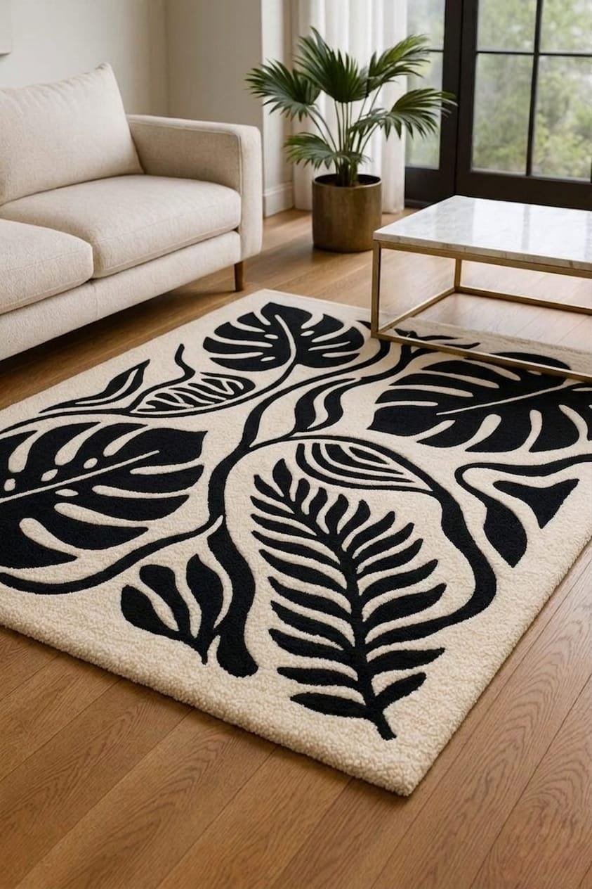 Hand Tufted Wool Rug, Modern Botanical Monstera Leaf Design, Black White Area Carpet – view 2