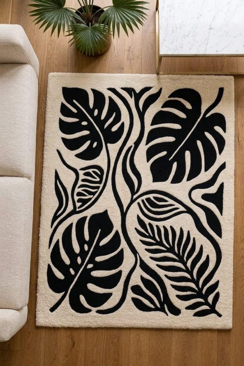 Hand Tufted Wool Rug, Modern Botanical Monstera Leaf Design, Black White Area Carpet – view 3