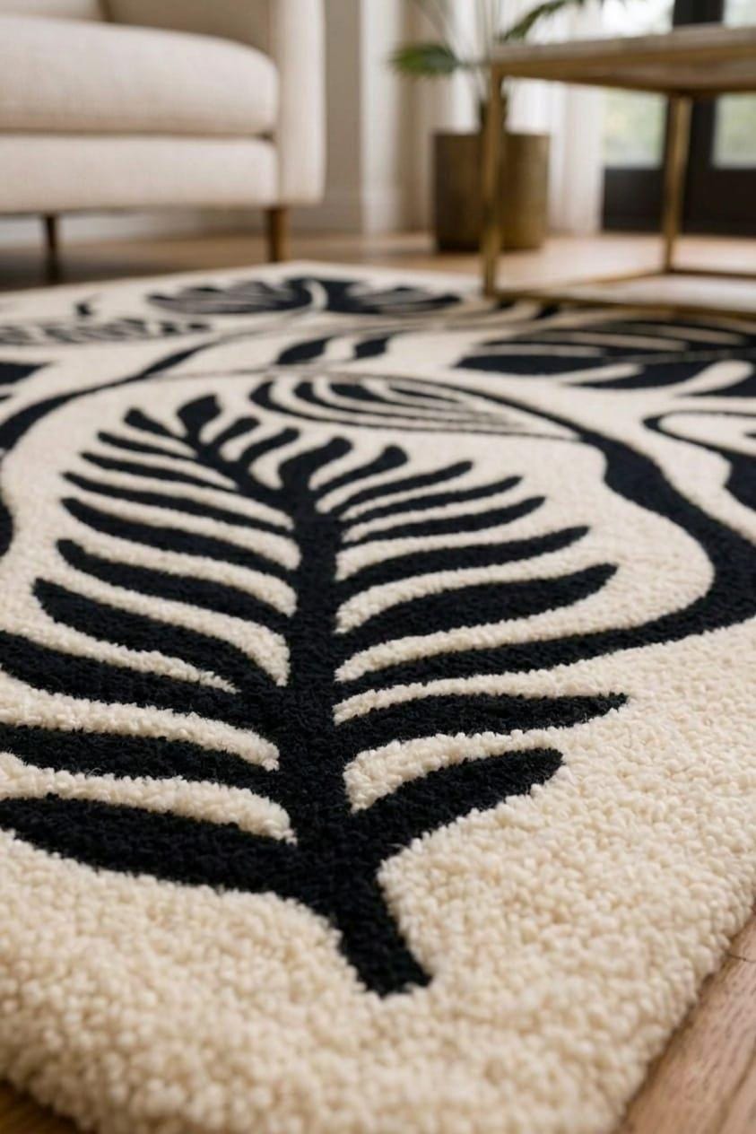 Hand Tufted Wool Rug, Modern Botanical Monstera Leaf Design, Black White Area Carpet – view 4