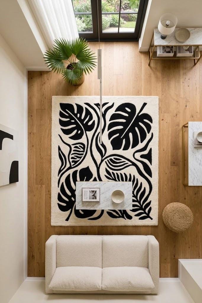 Hand Tufted Wool Rug, Modern Botanical Monstera Leaf Design, Black White Area Carpet – view 5