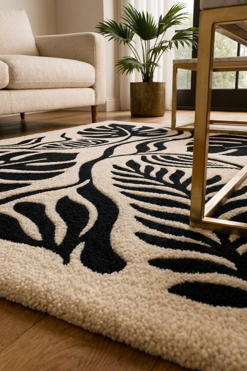 Hand Tufted Wool Rug, Modern Botanical Monstera Leaf Design, Black White Area Carpet – view 6