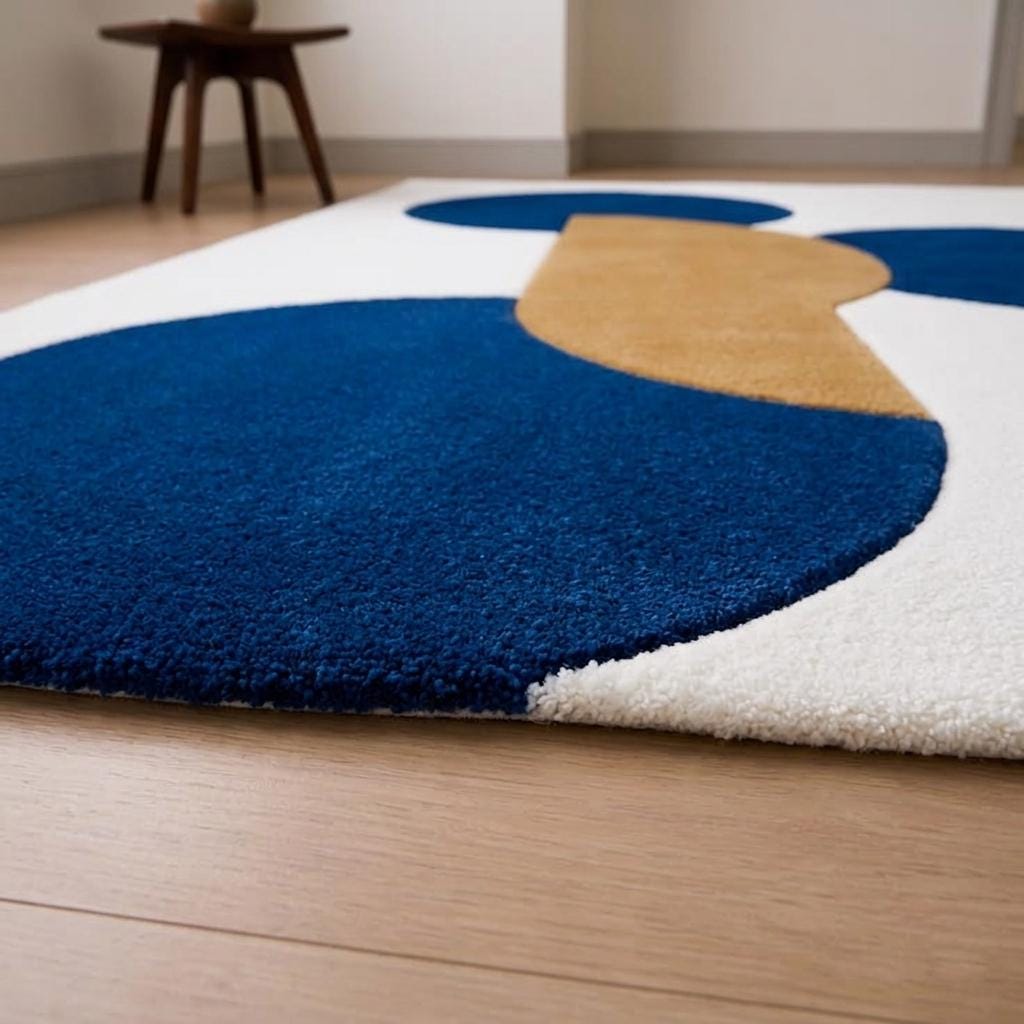 Hand Tufted Wool Rug, Abstract Modern Area Rug, Navy Blue Mustard Gold, Contemporary Carpet – view 6