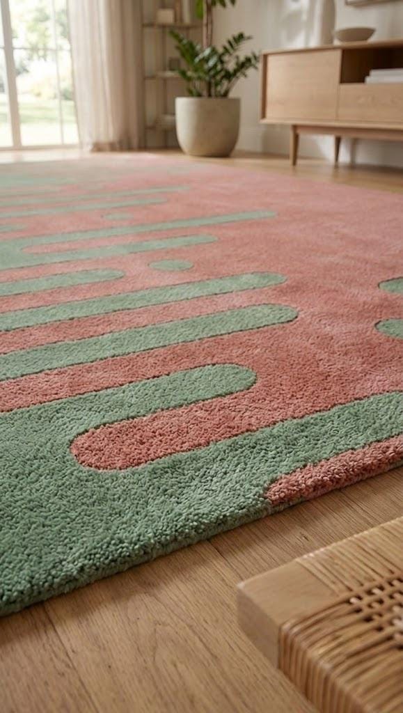 Hand Tufted Wool Rug, Abstract Wavy Area Rug, Pastel Pink Sage Green, Modern Carpet – view 2