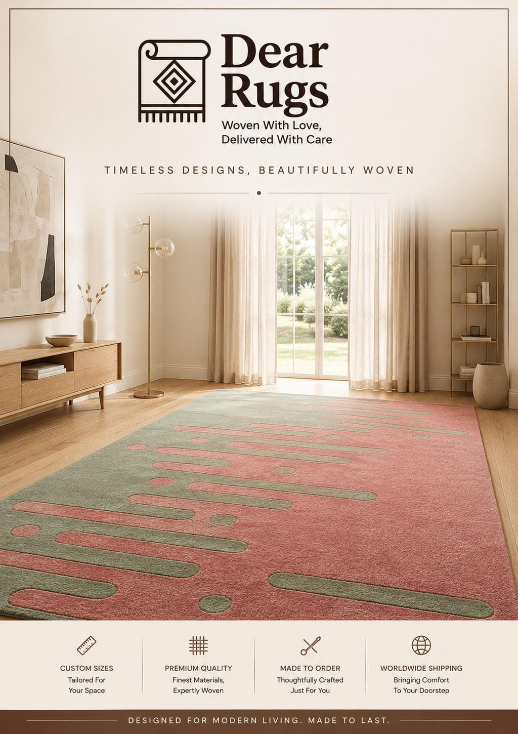 Hand Tufted Wool Rug, Abstract Wavy Area Rug, Pastel Pink Sage Green, Modern Carpet – view 6