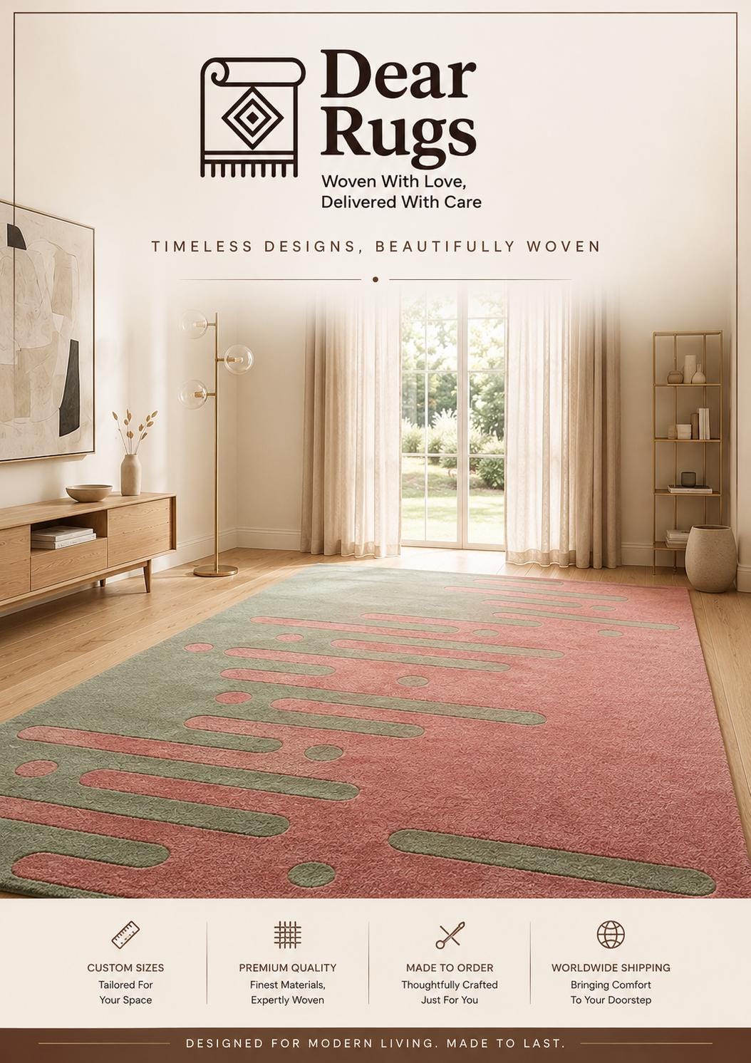 Hand Tufted Wool Rug, Abstract Wavy Area Rug, Pastel Pink Sage Green, Modern Carpet – view 6
