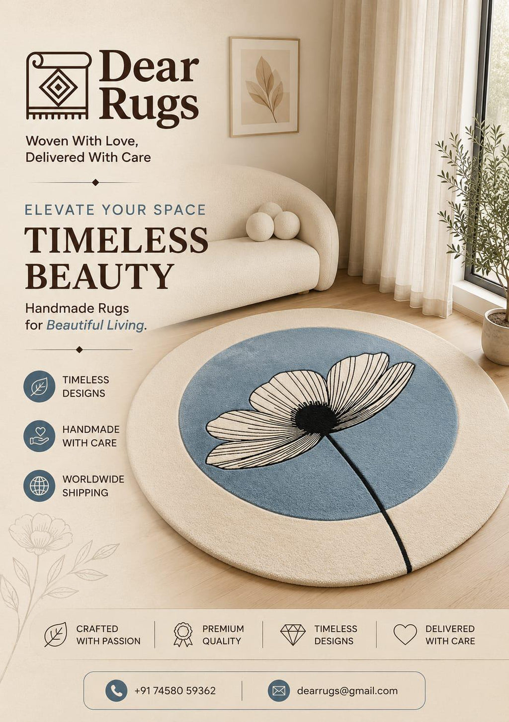 Hand Tufted Wool Daisy Round Rug, Modern Botanical Floral Carpet – view 2