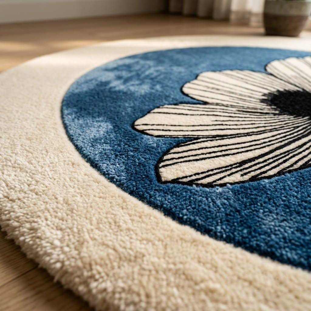 Hand Tufted Wool Daisy Round Rug, Modern Botanical Floral Carpet – view 3