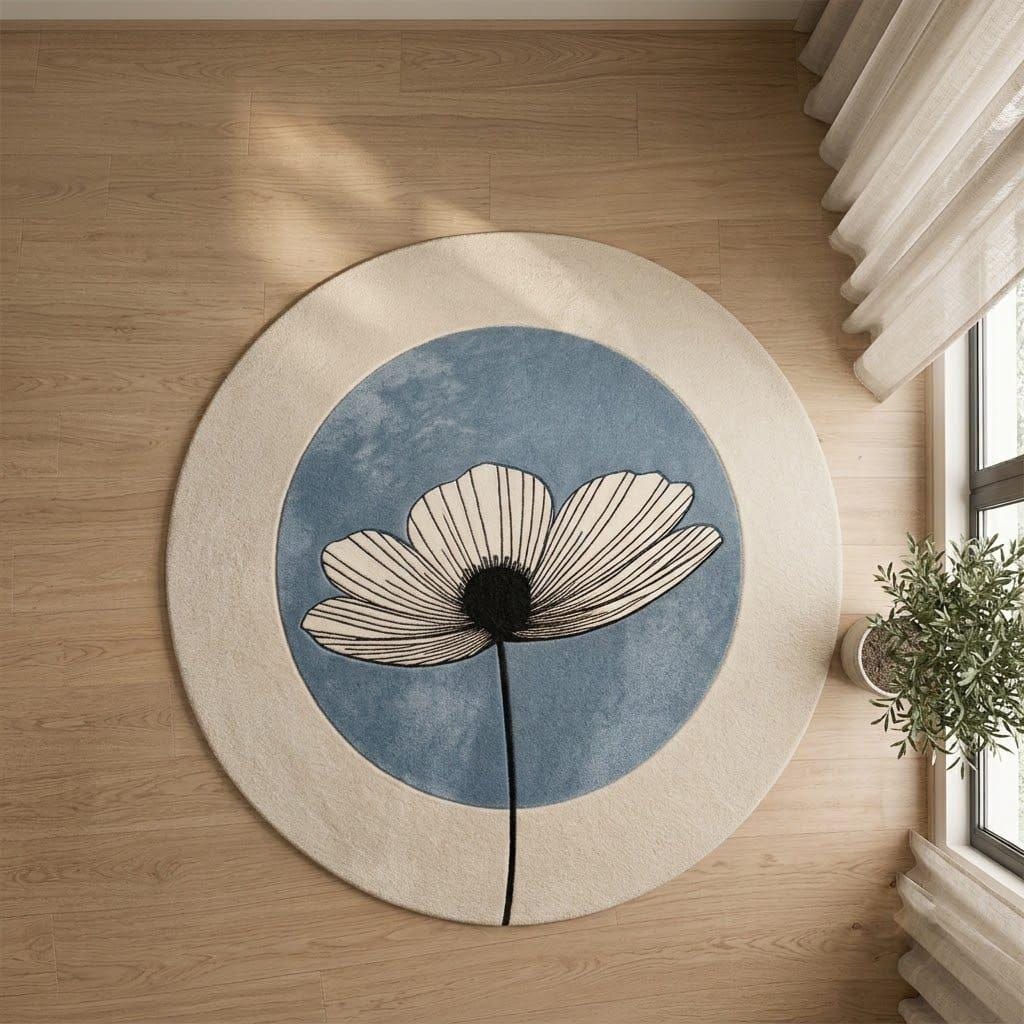 Hand Tufted Wool Daisy Round Rug, Modern Botanical Floral Carpet – view 4