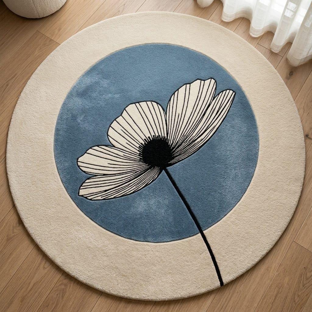 Hand Tufted Wool Daisy Round Rug, Modern Botanical Floral Carpet – view 5