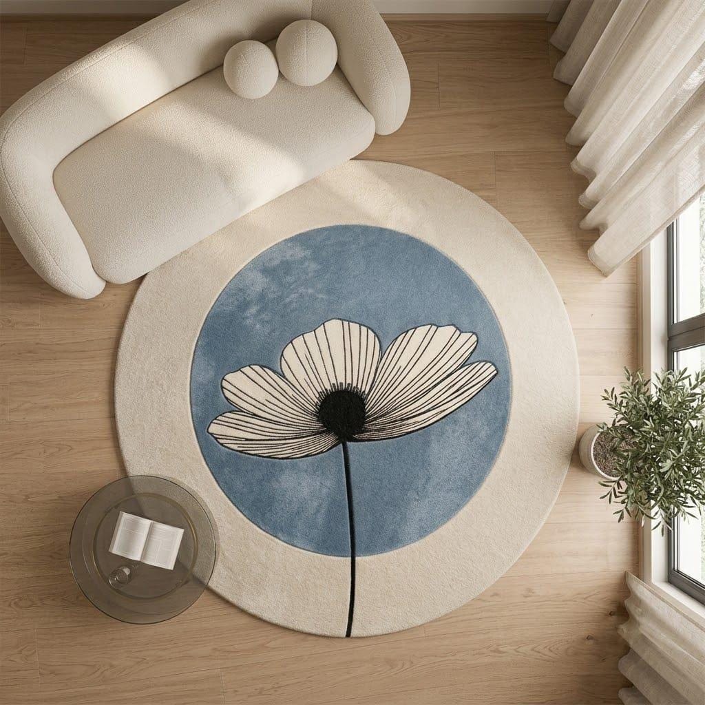 Hand Tufted Wool Daisy Round Rug, Modern Botanical Floral Carpet – view 6