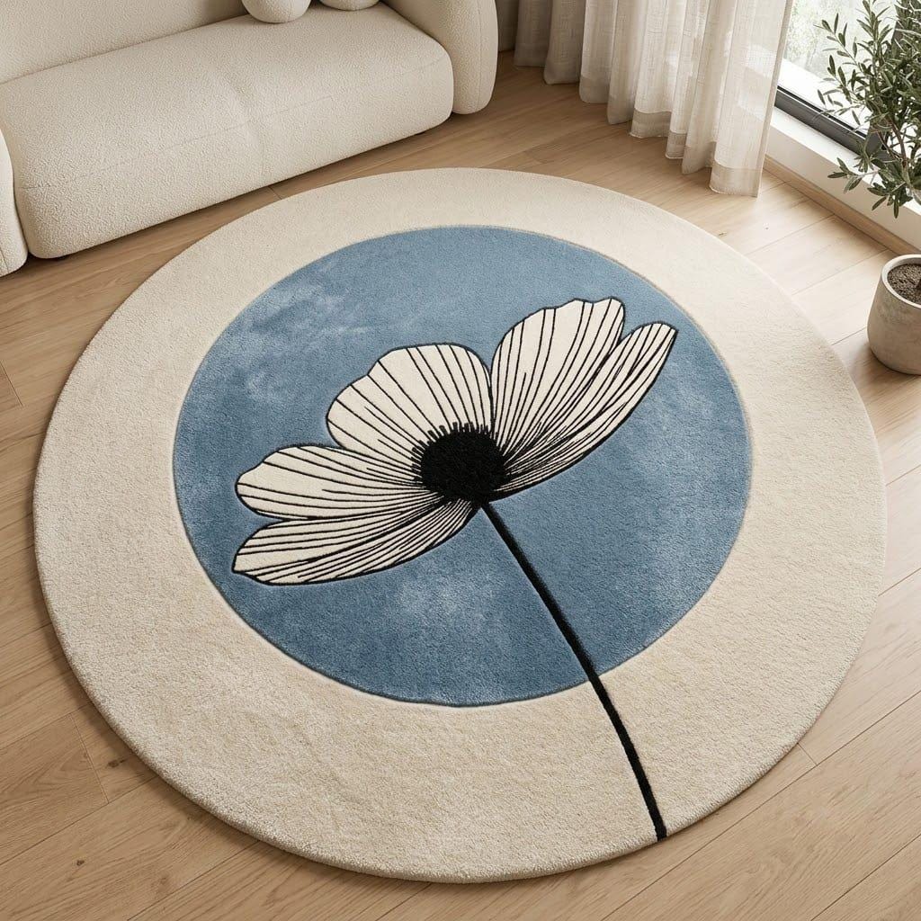Hand Tufted Wool Daisy Round Rug, Modern Botanical Floral Carpet – view 7