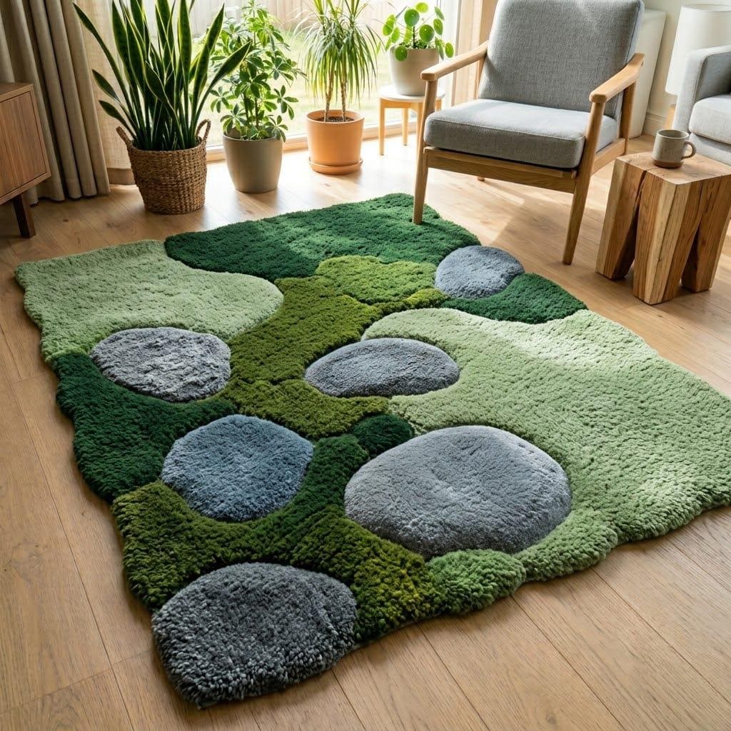 Hand Tufted Wool Rug, Organic Moss Pebble Design, Biophilic Scandinavian Decor – view 1