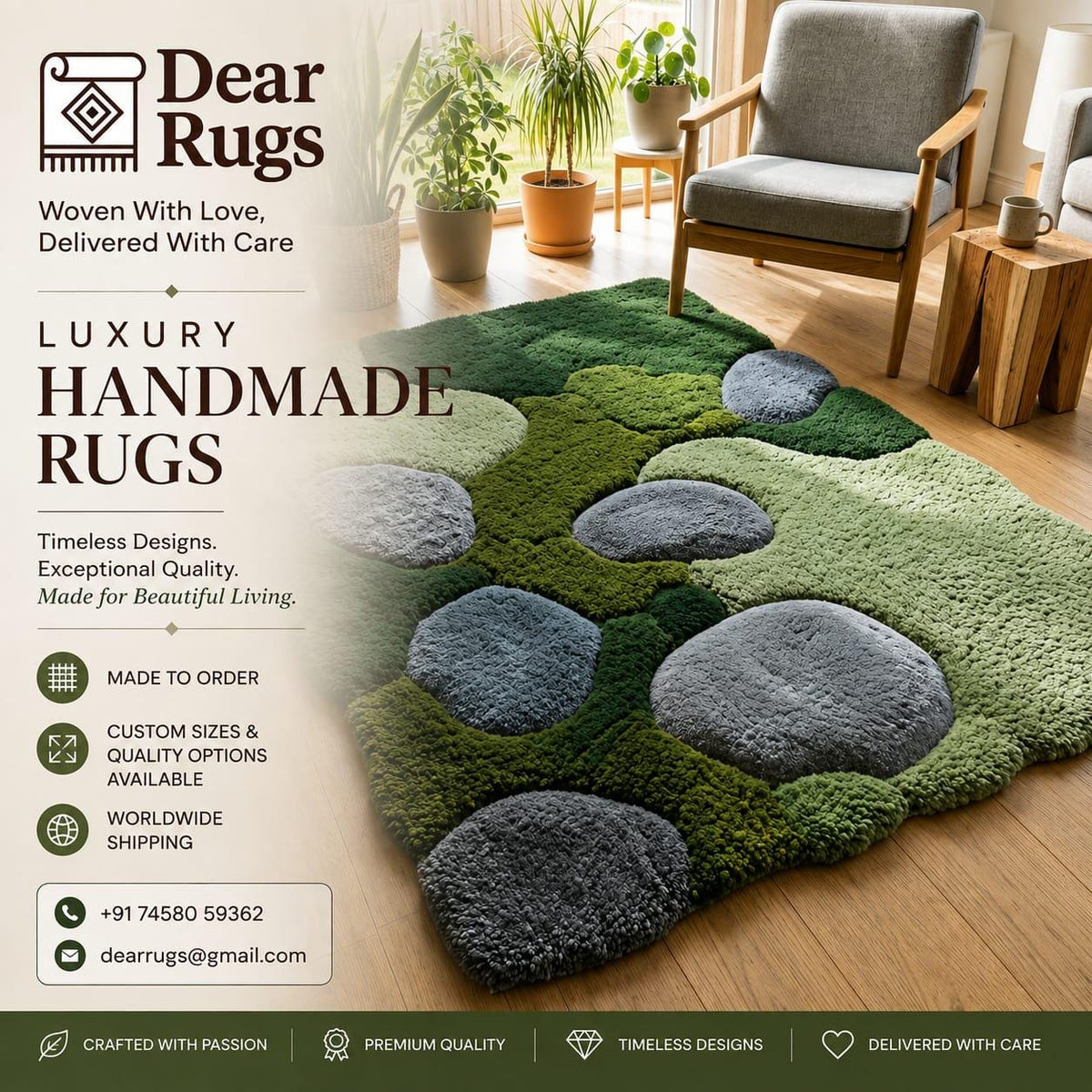 Hand Tufted Wool Rug, Organic Moss Pebble Design, Biophilic Scandinavian Decor – view 4