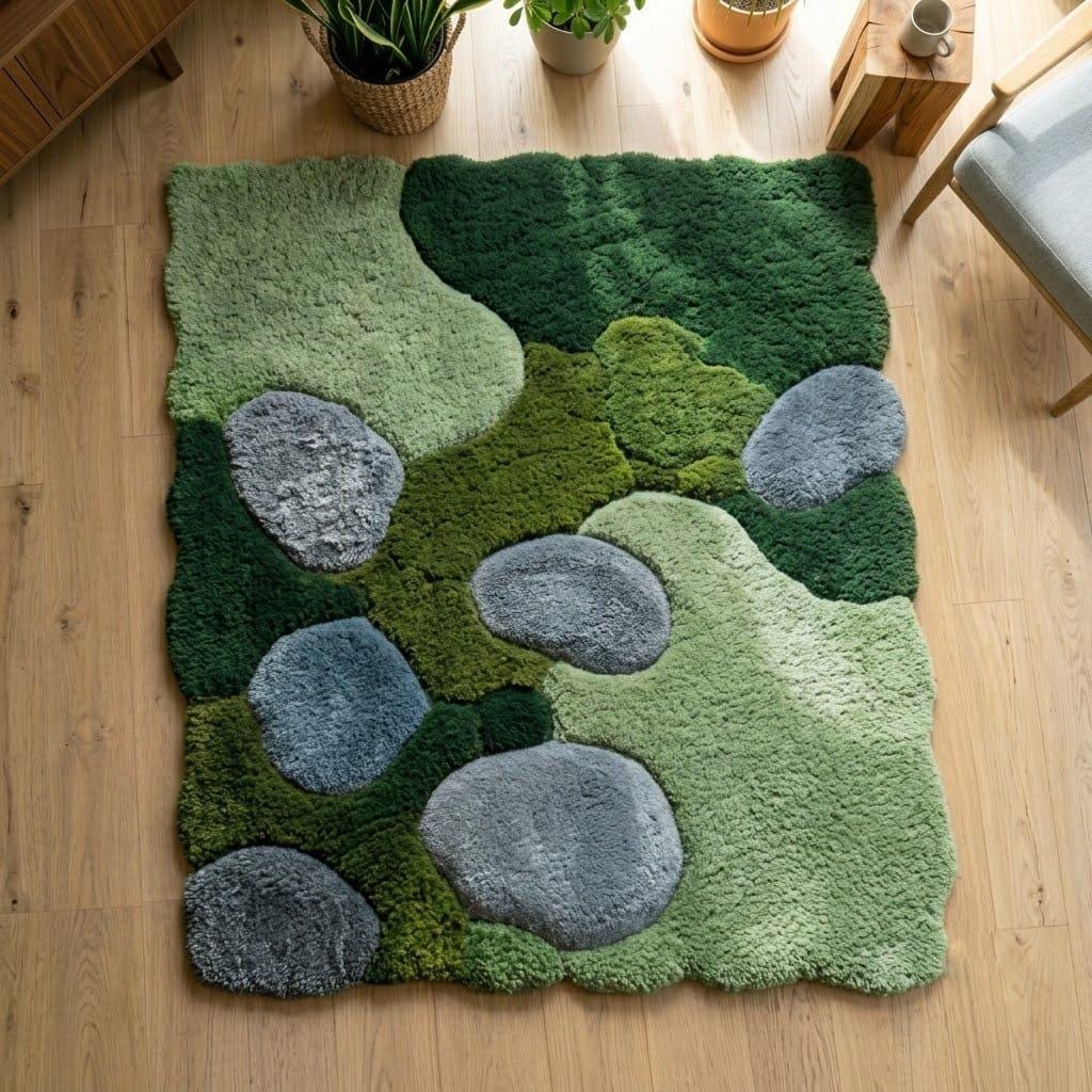 Hand Tufted Wool Rug, Organic Moss Pebble Design, Biophilic Scandinavian Decor – view 5