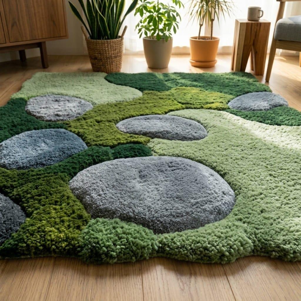 Hand Tufted Wool Rug, Organic Moss Pebble Design, Biophilic Scandinavian Decor – view 6