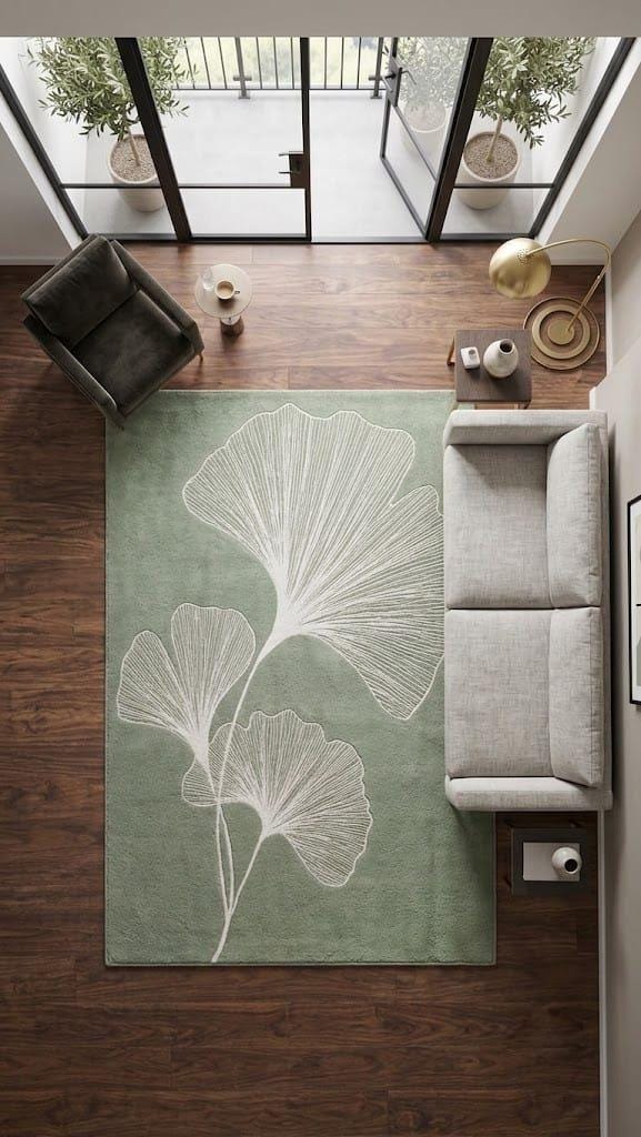 Sage Green Ginkgo Leaf Hand Tufted Wool Area Rug, Minimalist Nature Mat – view 10