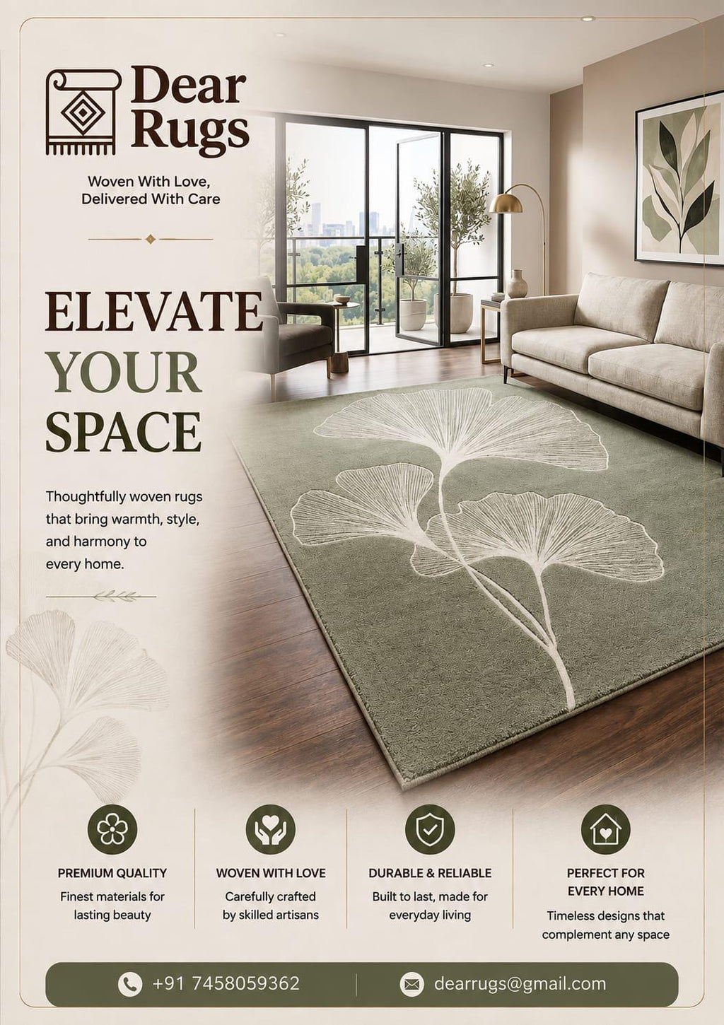 Sage Green Ginkgo Leaf Hand Tufted Wool Area Rug, Minimalist Nature Mat – view 2