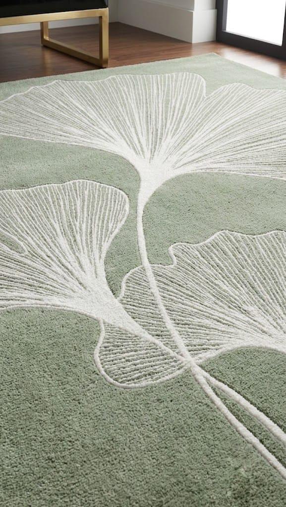Sage Green Ginkgo Leaf Hand Tufted Wool Area Rug, Minimalist Nature Mat – view 3