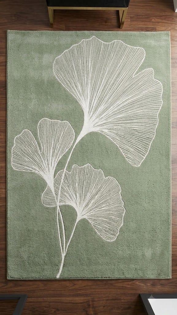 Sage Green Ginkgo Leaf Hand Tufted Wool Area Rug, Minimalist Nature Mat – view 5