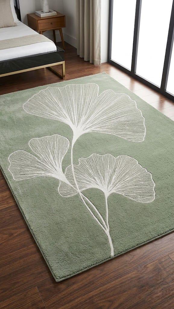 Sage Green Ginkgo Leaf Hand Tufted Wool Area Rug, Minimalist Nature Mat – view 6