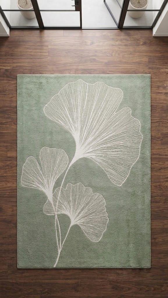 Sage Green Ginkgo Leaf Hand Tufted Wool Area Rug, Minimalist Nature Mat – view 8