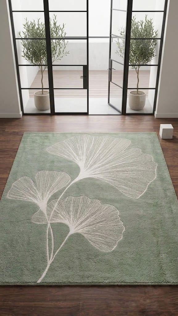 Sage Green Ginkgo Leaf Hand Tufted Wool Area Rug, Minimalist Nature Mat – view 9