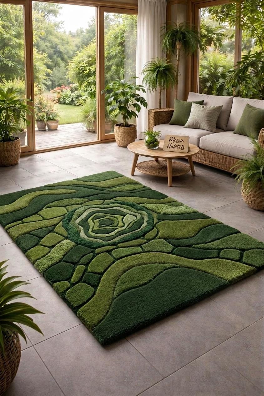 Organic Moss Pebble Hand Tufted Wool Rug, Green Abstract Biophilic Carpet – view 1