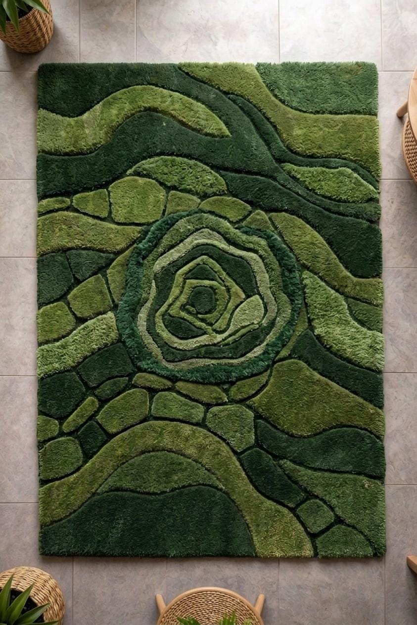 Organic Moss Pebble Hand Tufted Wool Rug, Green Abstract Biophilic Carpet – view 3