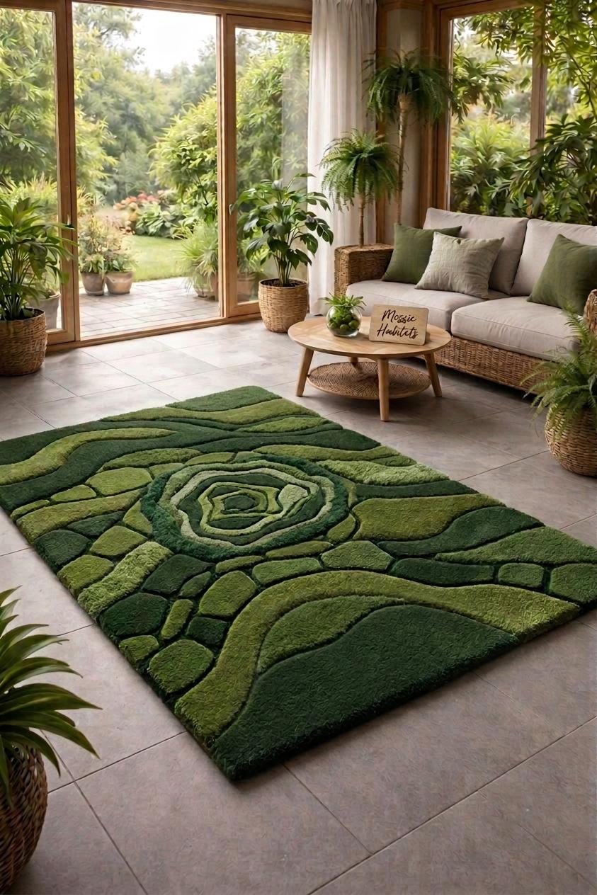 Organic Moss Pebble Hand Tufted Wool Rug, Green Abstract Biophilic Carpet – view 4