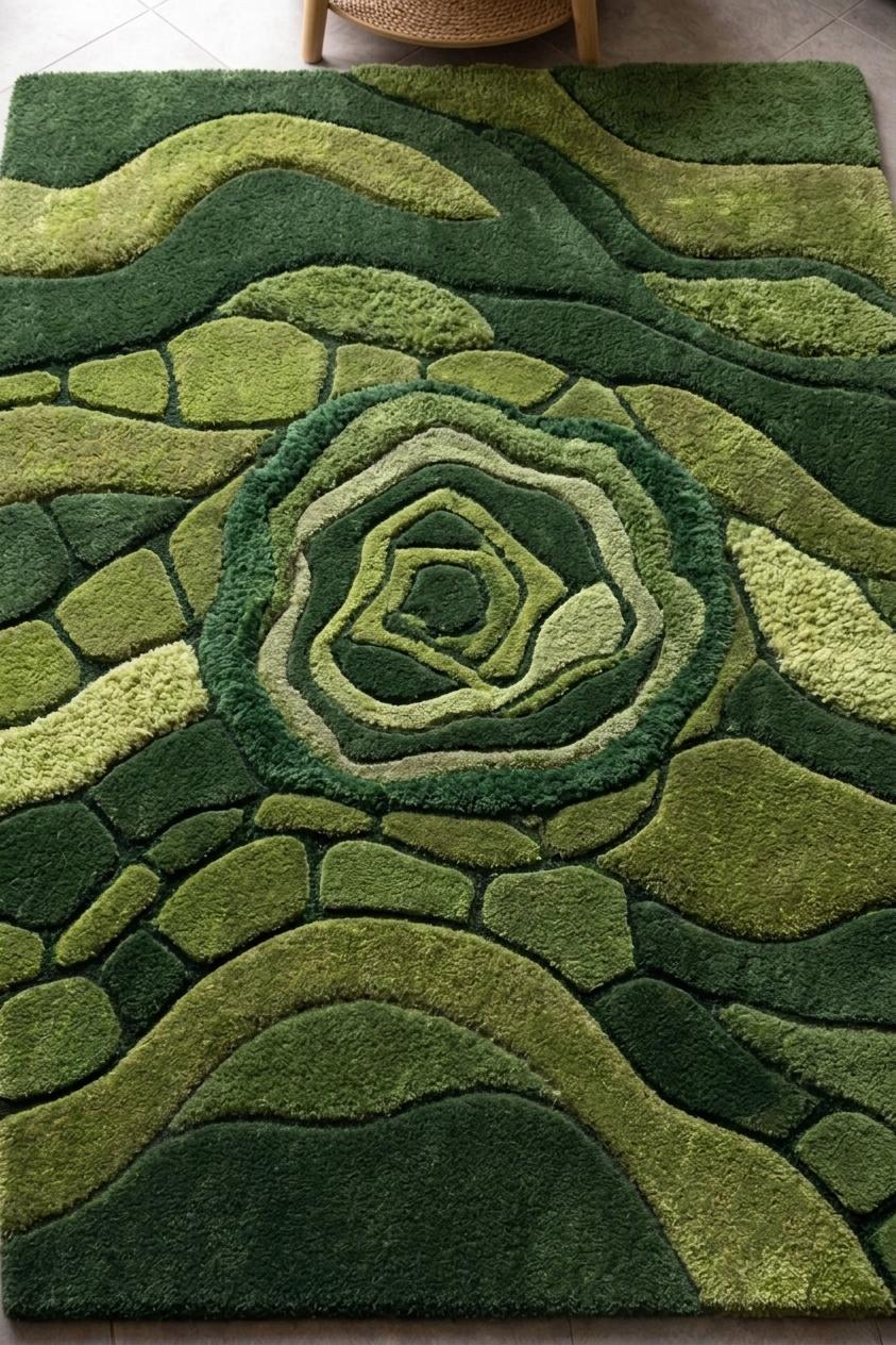 Organic Moss Pebble Hand Tufted Wool Rug, Green Abstract Biophilic Carpet – view 5