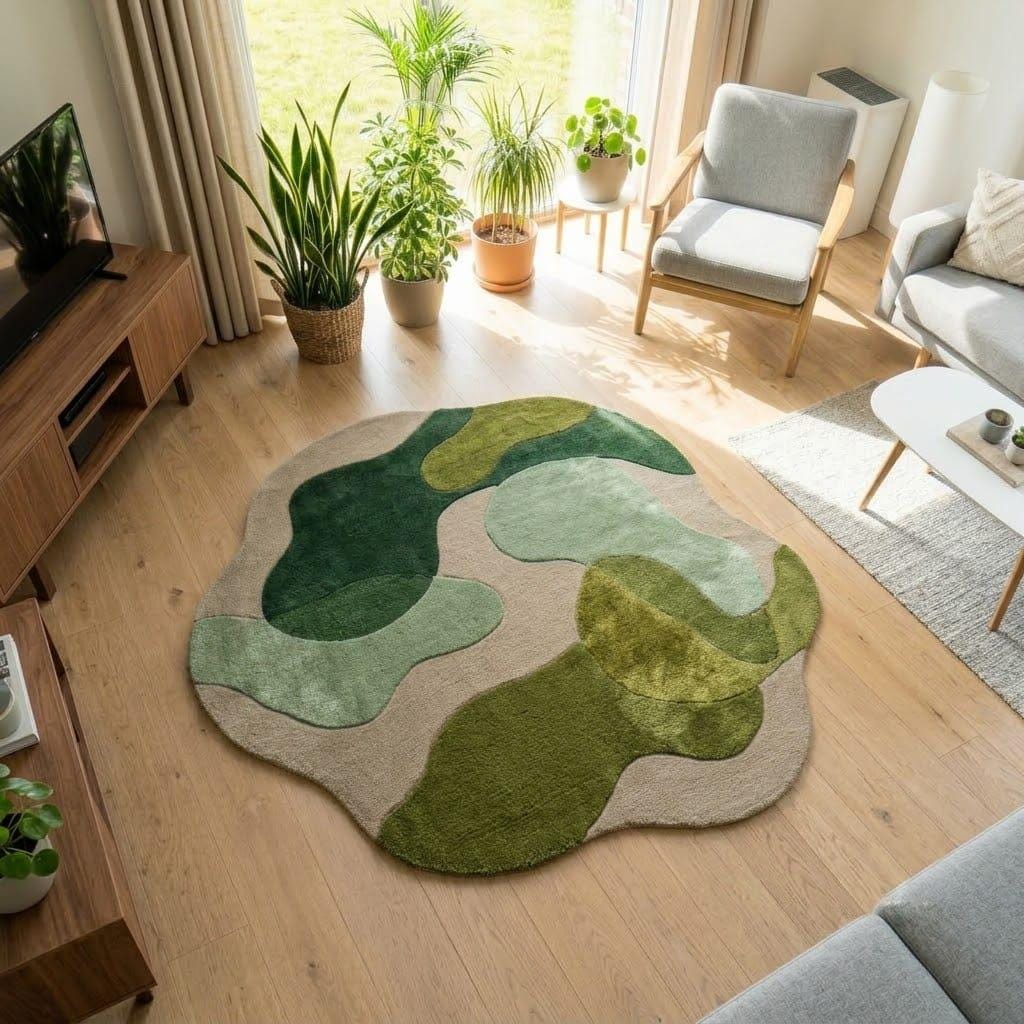 Organic Wool Abstract Rug, Hand Tufted Meadow Mat, Biophilic Decor – view 1