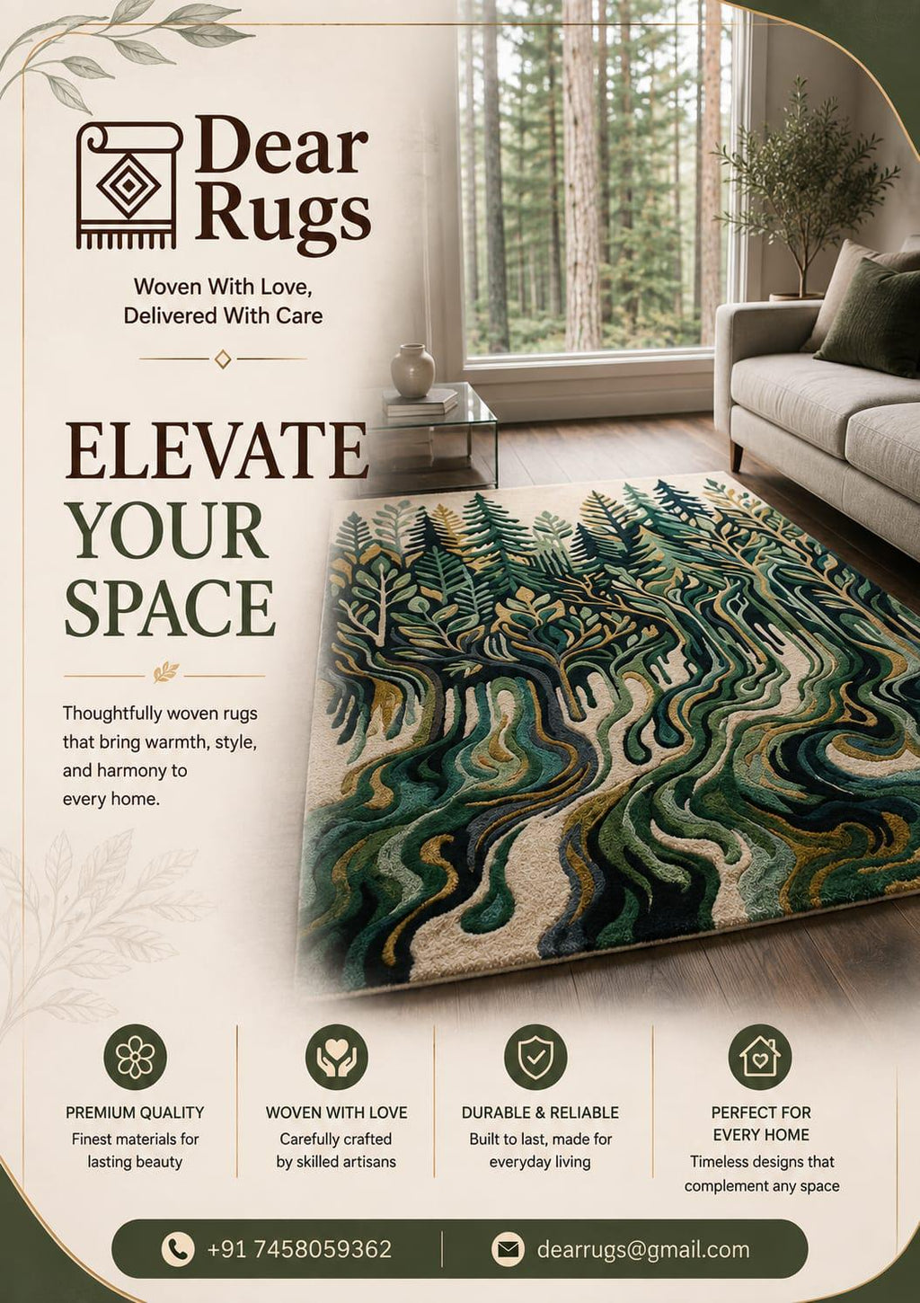 Woodland Stream Hand Tufted Wool Area Rug, Evergreen Forest Nature Carpet – view 2