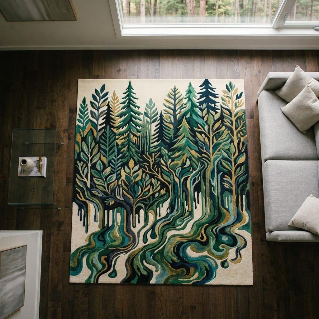 Woodland Stream Hand Tufted Wool Area Rug, Evergreen Forest Nature Carpet – view 3