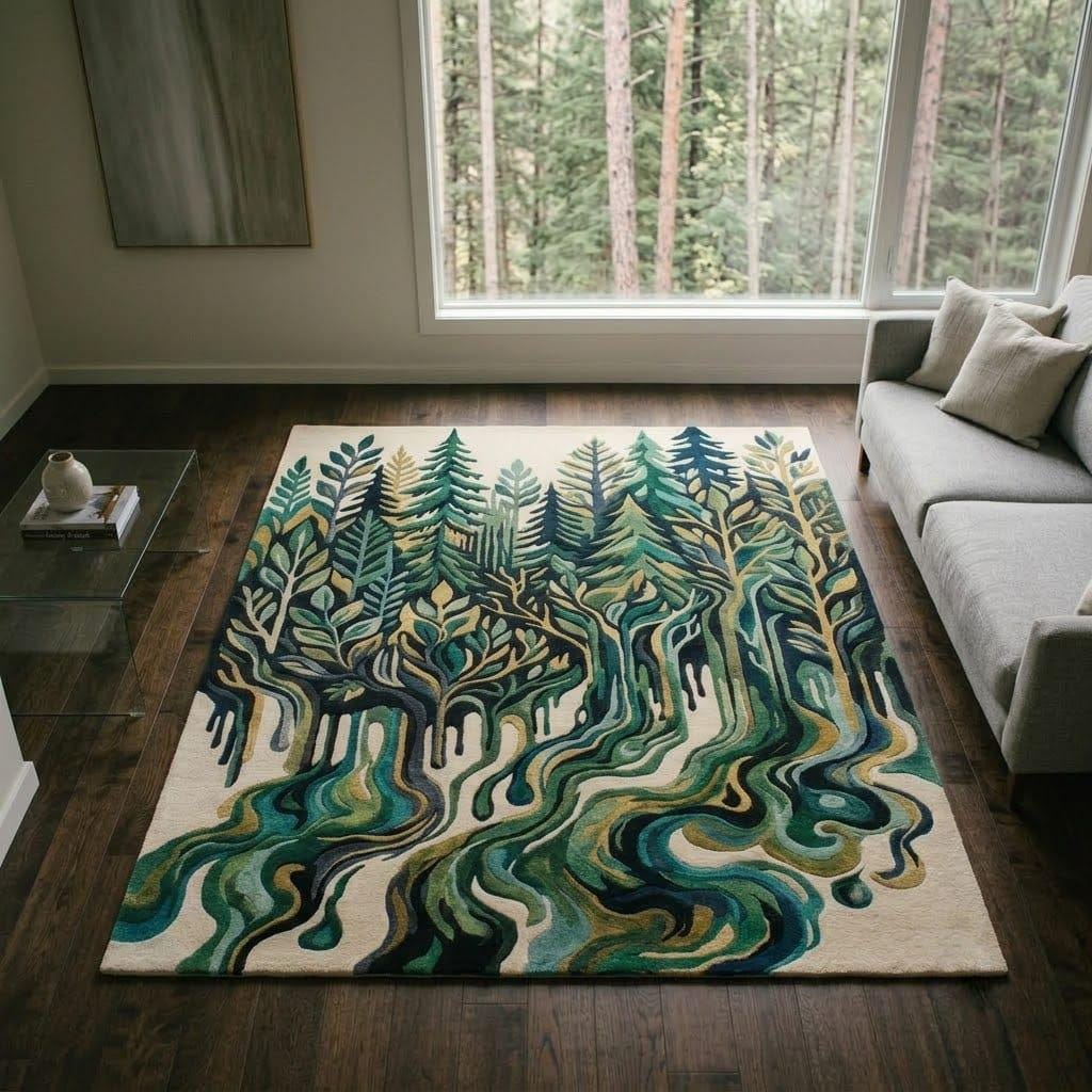 Woodland Stream Hand Tufted Wool Area Rug, Evergreen Forest Nature Carpet – view 4