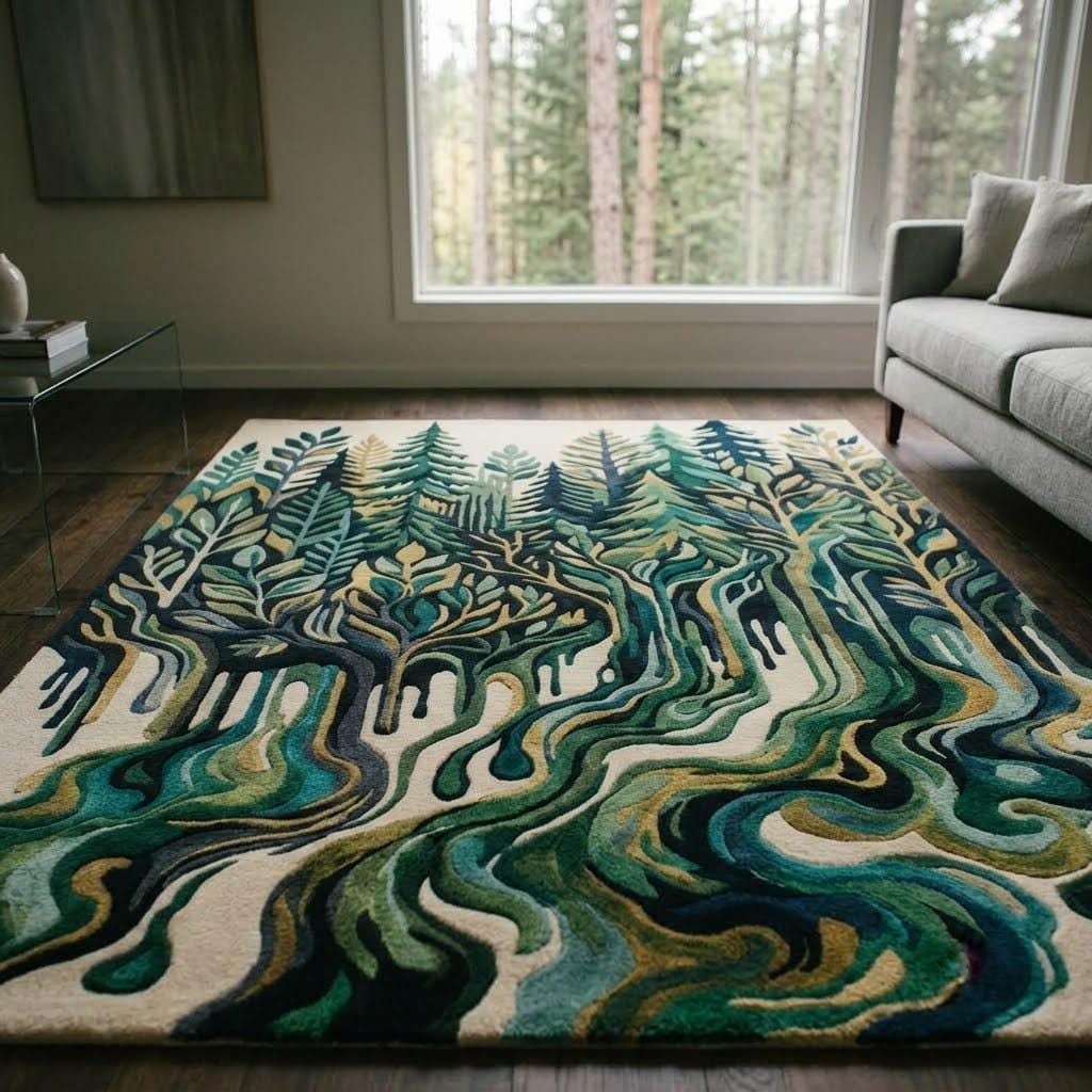Woodland Stream Hand Tufted Wool Area Rug, Evergreen Forest Nature Carpet – view 5