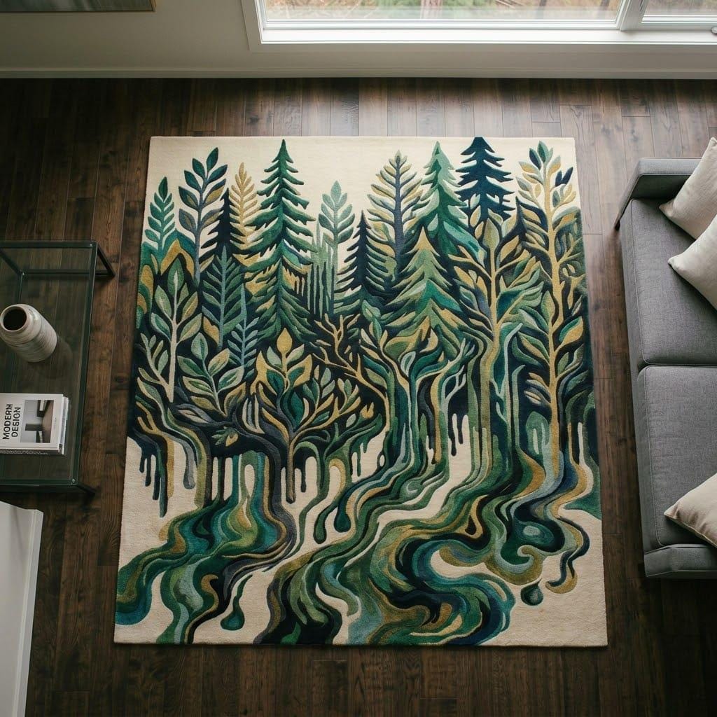 Woodland Stream Hand Tufted Wool Area Rug, Evergreen Forest Nature Carpet – view 6