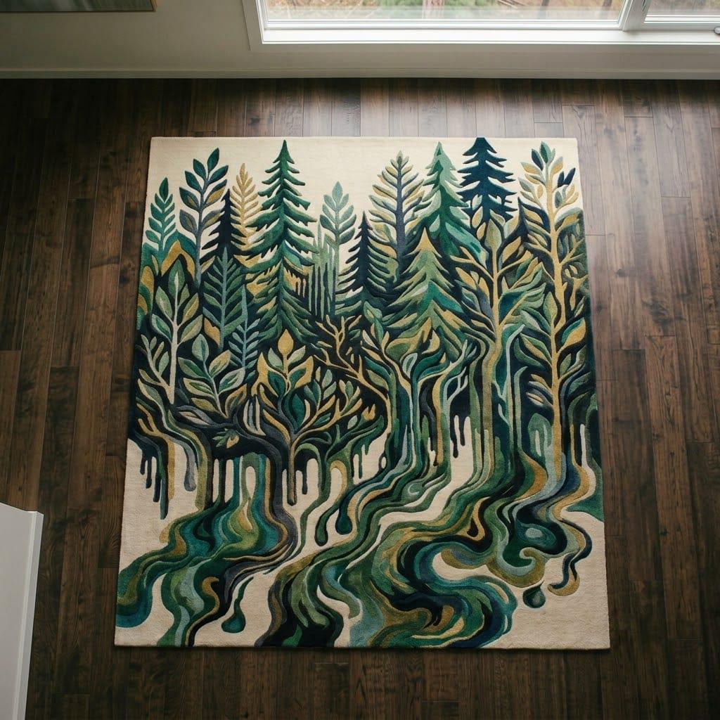 Woodland Stream Hand Tufted Wool Area Rug, Evergreen Forest Nature Carpet – view 8
